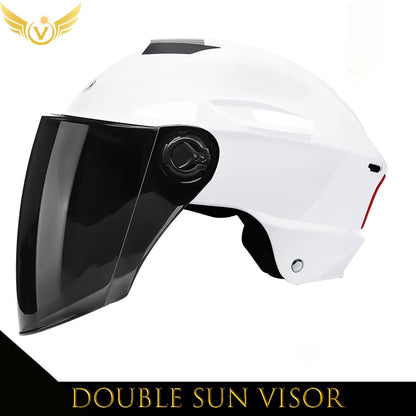 White helmet with black visor on a white background