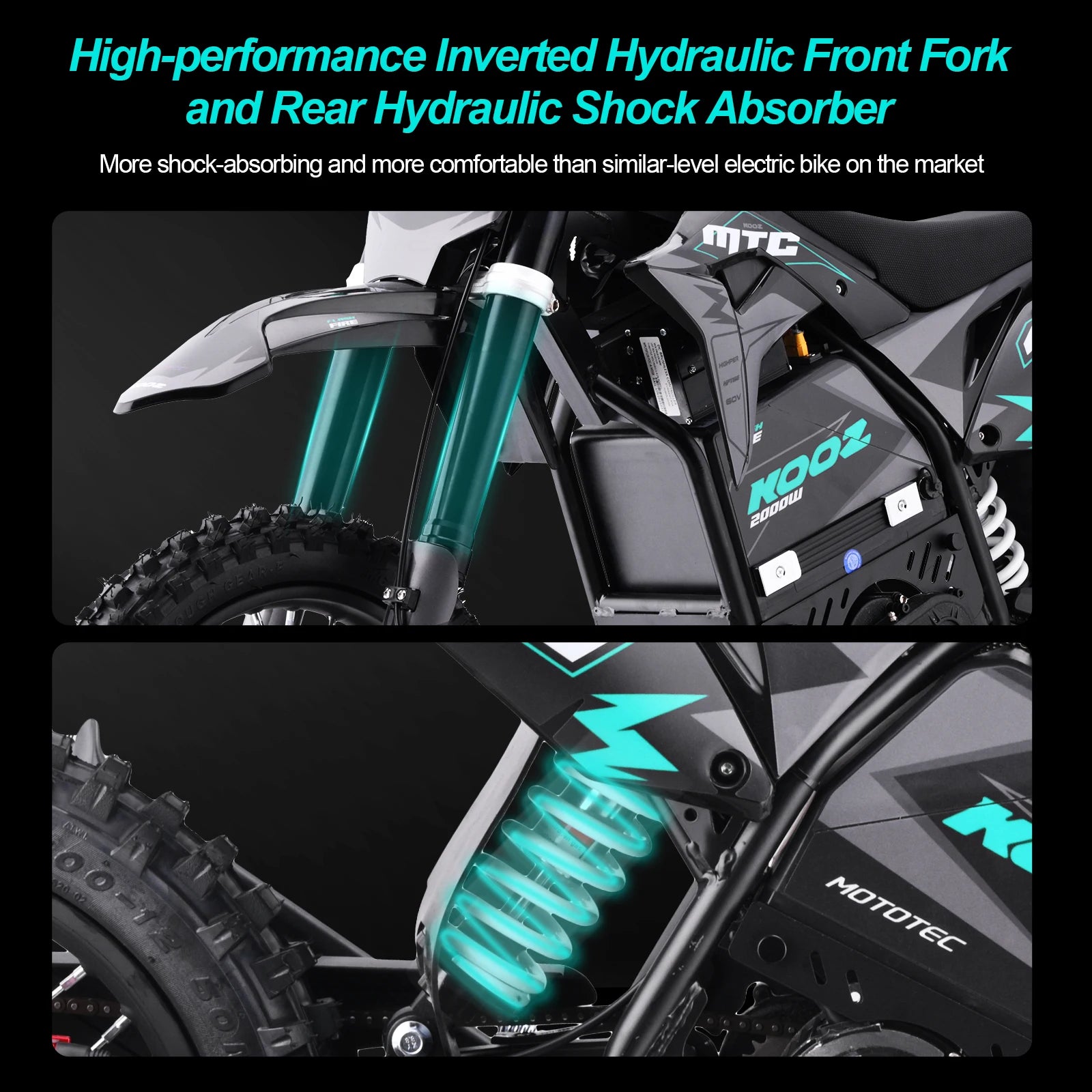 High-performance inverted hydraulic front fork and rear hydraulic shock absorber on a motorcycle with MTC branding.