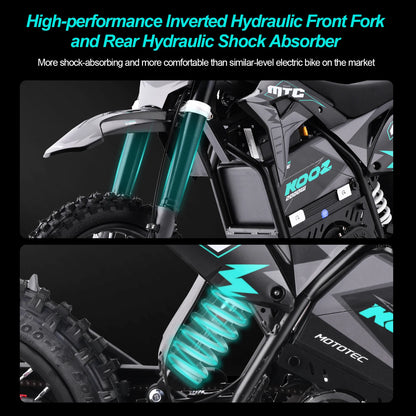High-performance inverted hydraulic front fork and rear hydraulic shock absorber on a motorcycle with MTC branding.