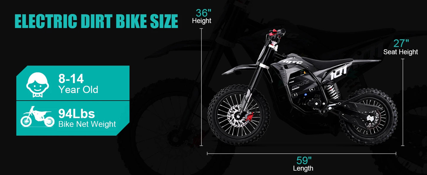 Electric dirt bike with dimensions and specifications on a dark background