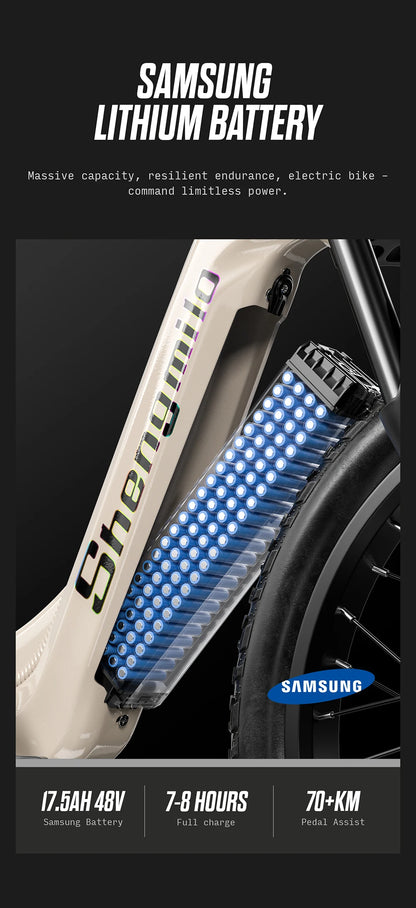 Samsung lithium battery pack on a bicycle with product specifications displayed.