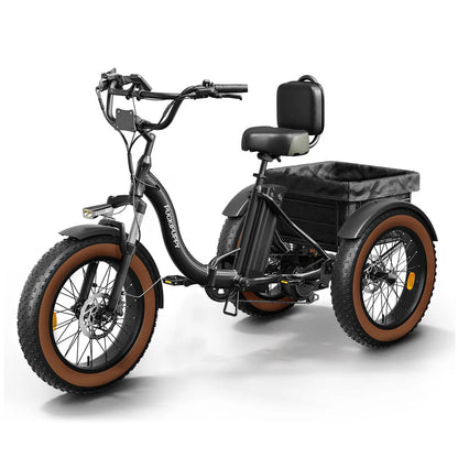 Black electric tricycle with brown tires on a white background