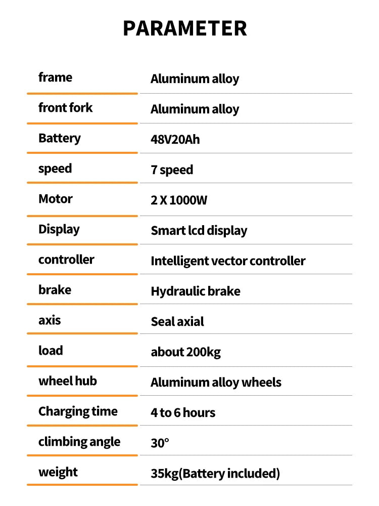 Technical specifications of a electric bike displayed in a table format.