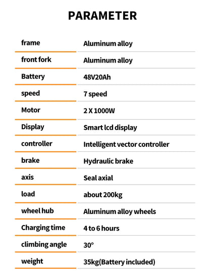 Technical specifications of a electric bike displayed in a table format.