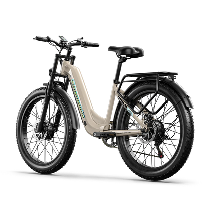Electric bike with a beige frame and black components on a white background