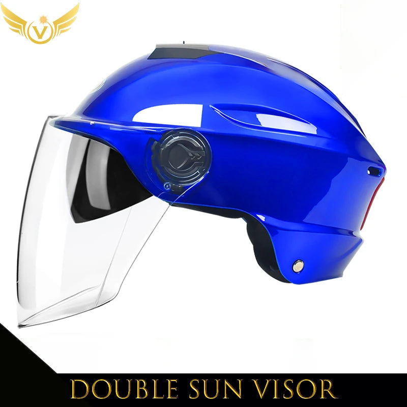 Blue helmet with a double sun visor on a white background