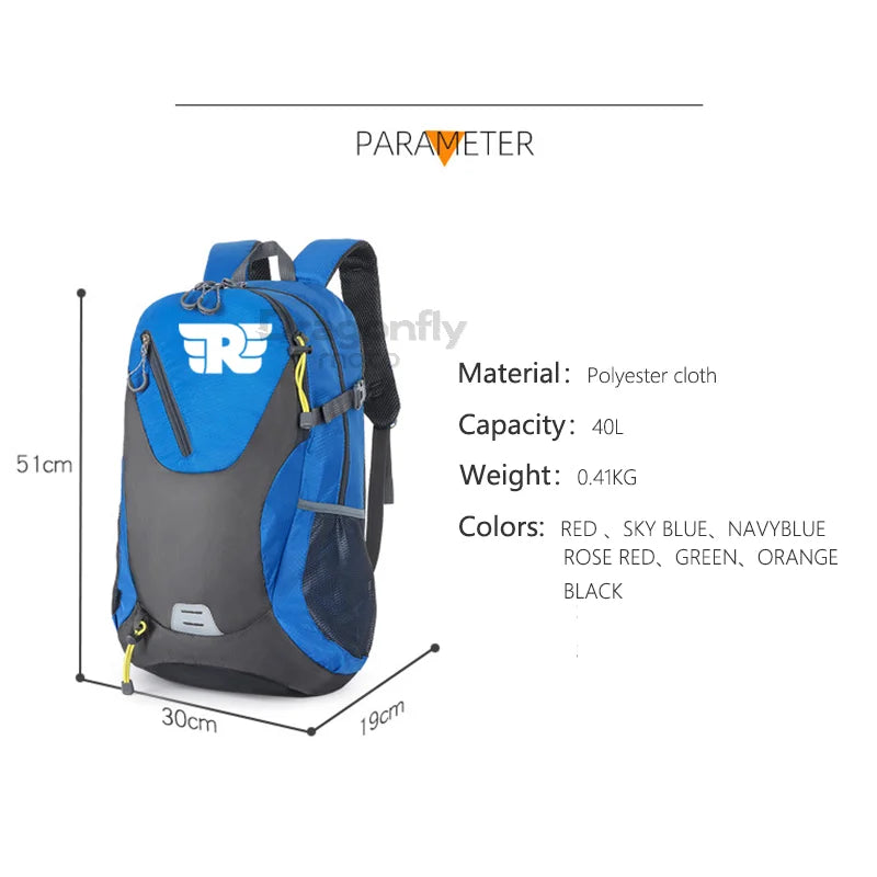 Blue and gray backpack with brand logo on a white background, featuring dimensions and parameter details.