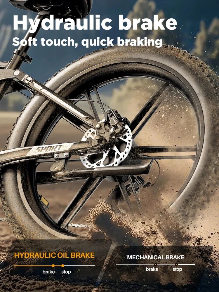 Bicycle wheel with hydraulic brake system on a dirt road, emphasizing braking technology.