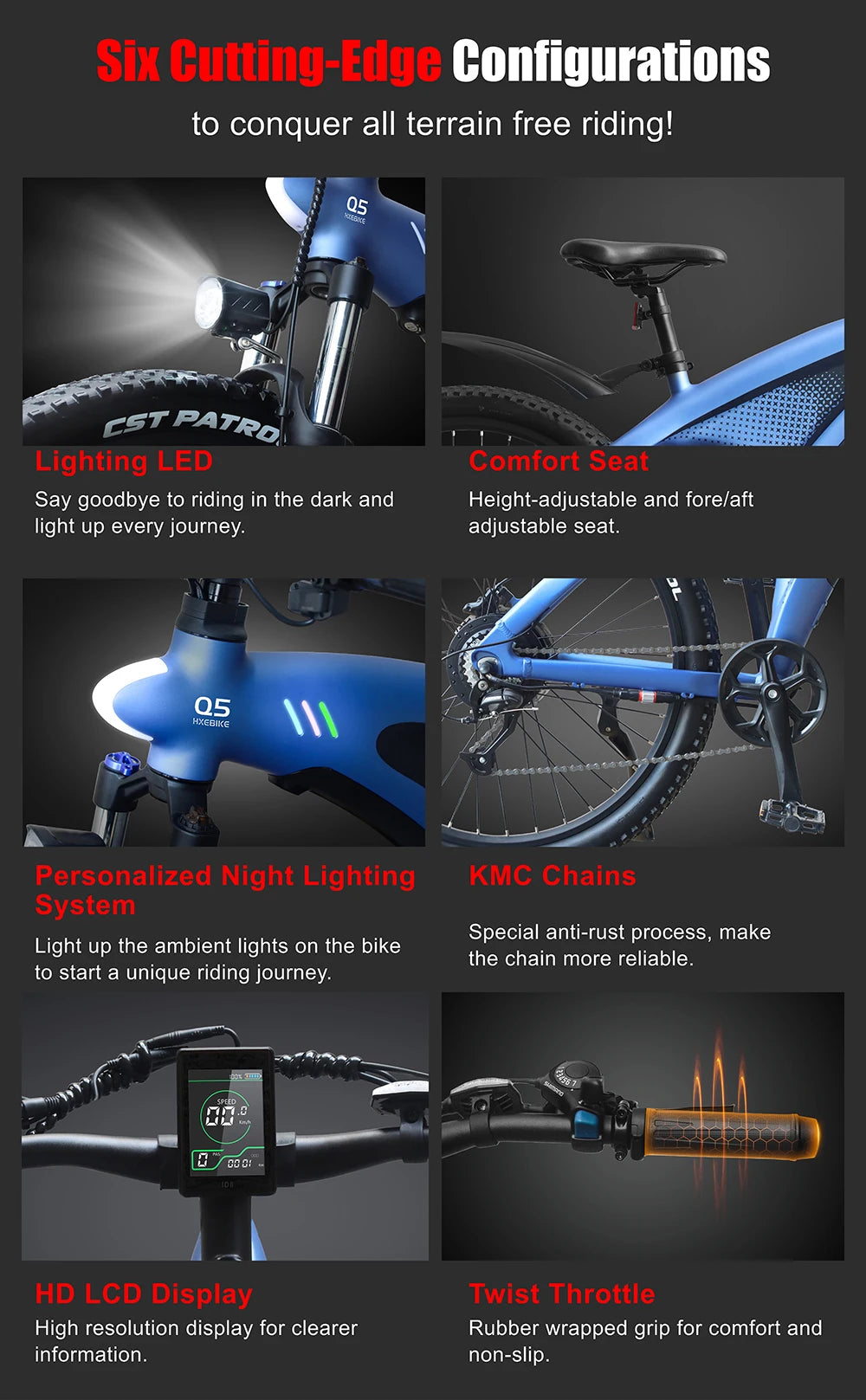 Bicycle features with text highlighting cutting-edge configurations on a dark background