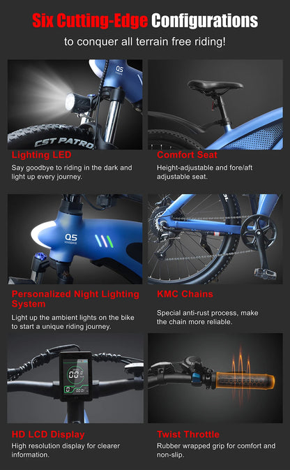 Bicycle features with text highlighting cutting-edge configurations on a dark background