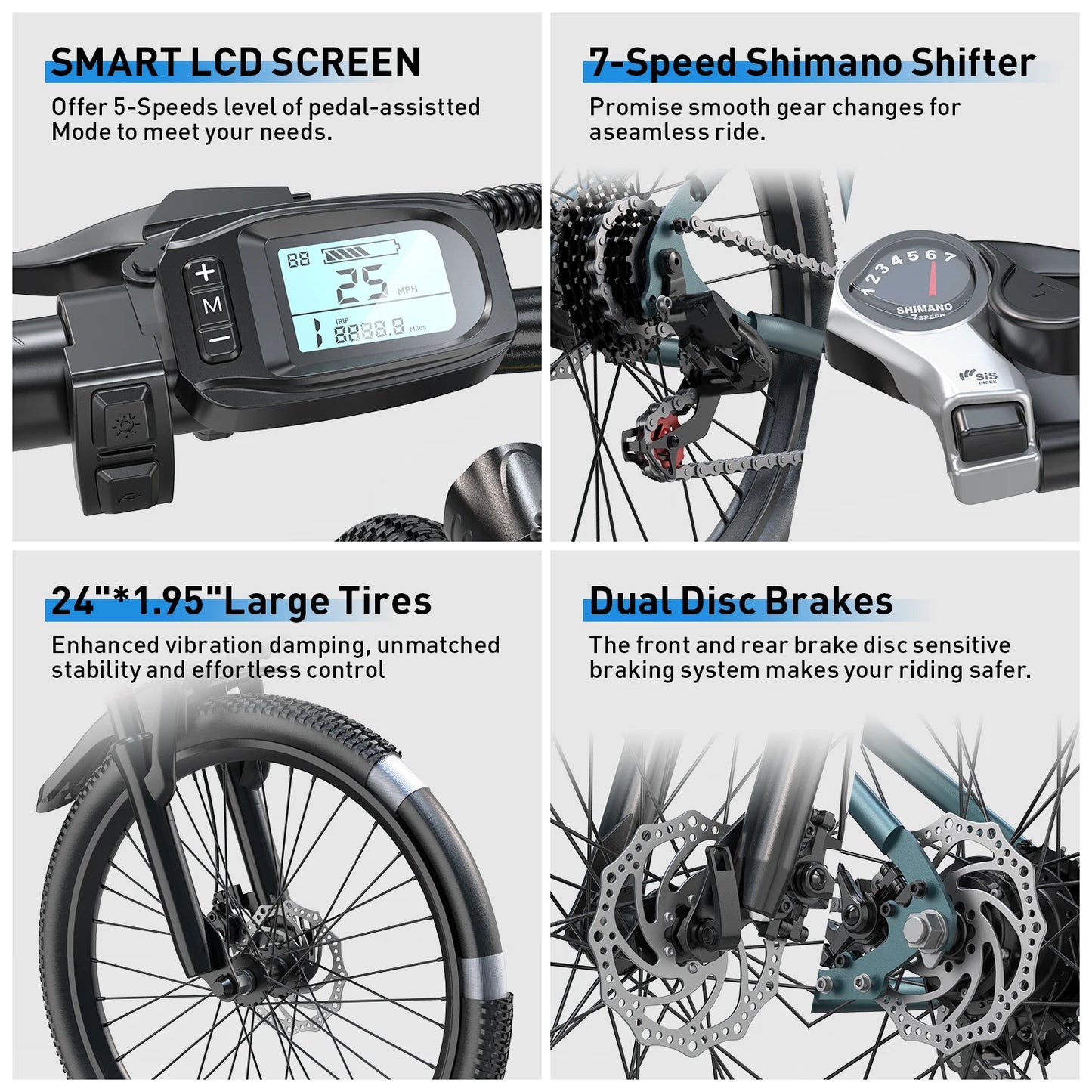 Collage of features including smart LCD screen, Shimano shifter, large tires, and dual disc brakes on a bicycle.