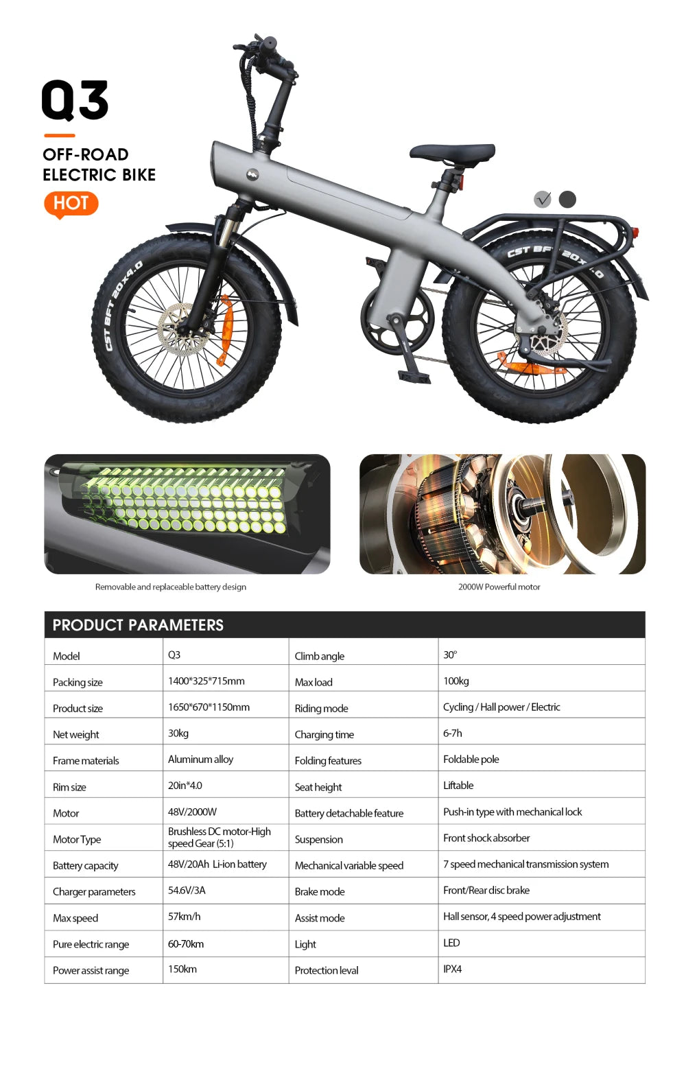 Off-road electric bike with specifications on a white background