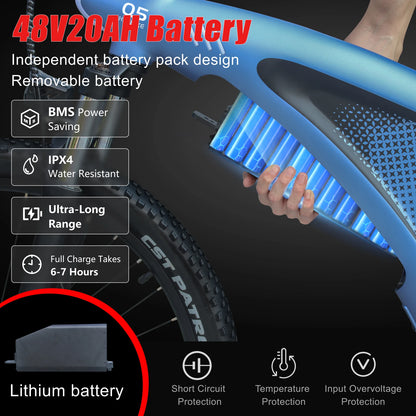 Bicycle with a battery pack labeled 48V20AH, featuring text on battery features.