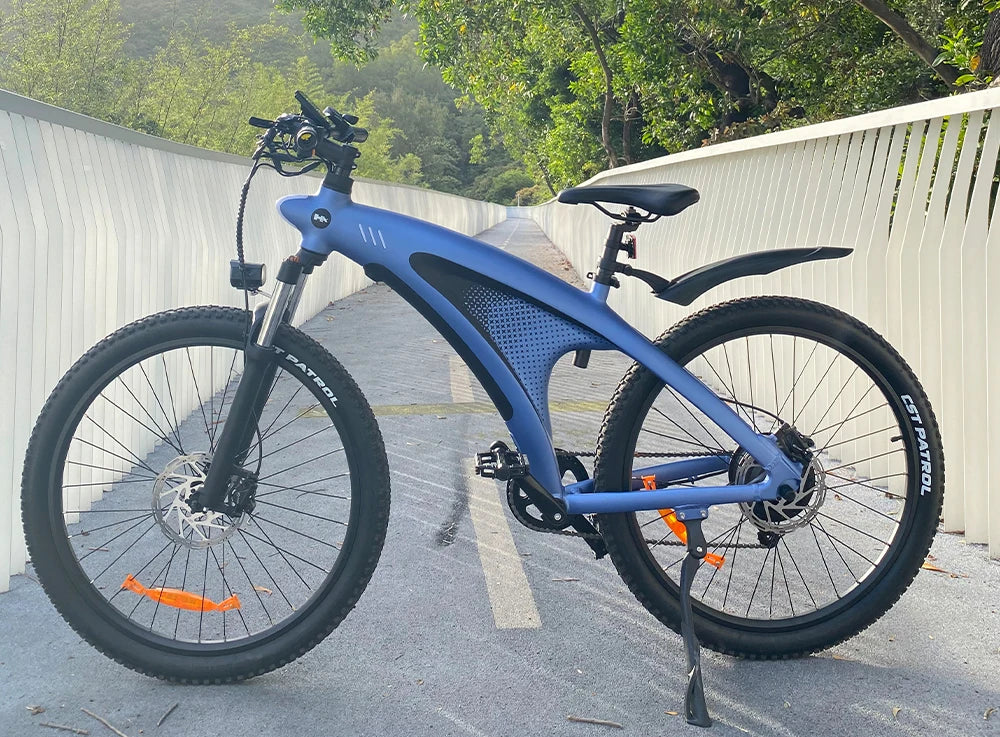 Blue electric bike on a paved road with trees in the background