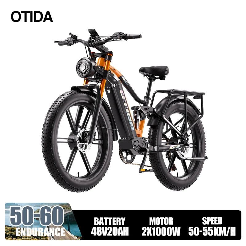 Electric bike with black and orange design on a white background, featuring the brand 'OTIDA'.