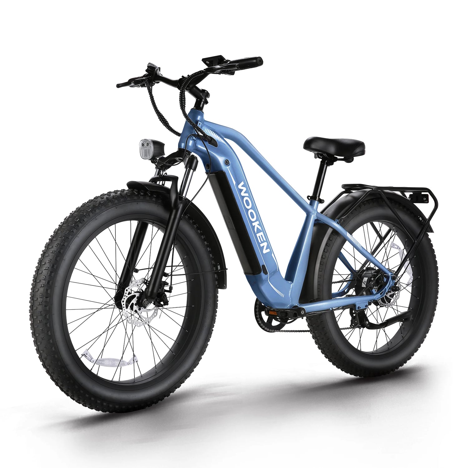Blue electric bike with 'Woken' branding on a white background