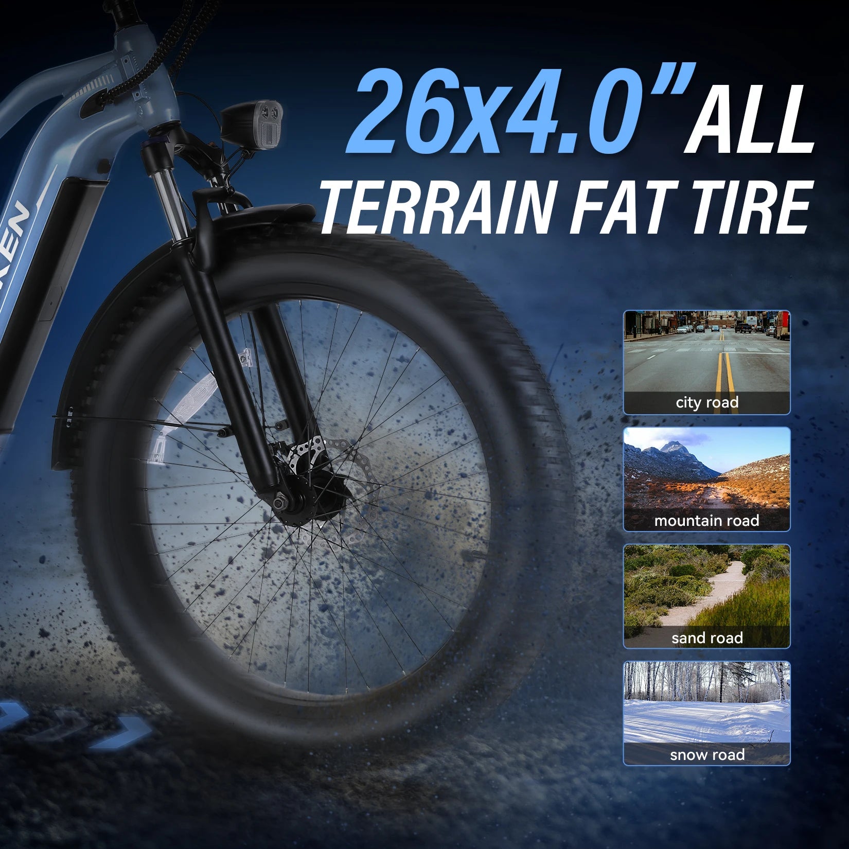 Bicycle with 26x4.0" all-terrain fat tire on a dark background with road type illustrations.