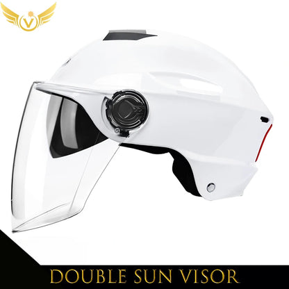 White helmet with double sun visor on a white background