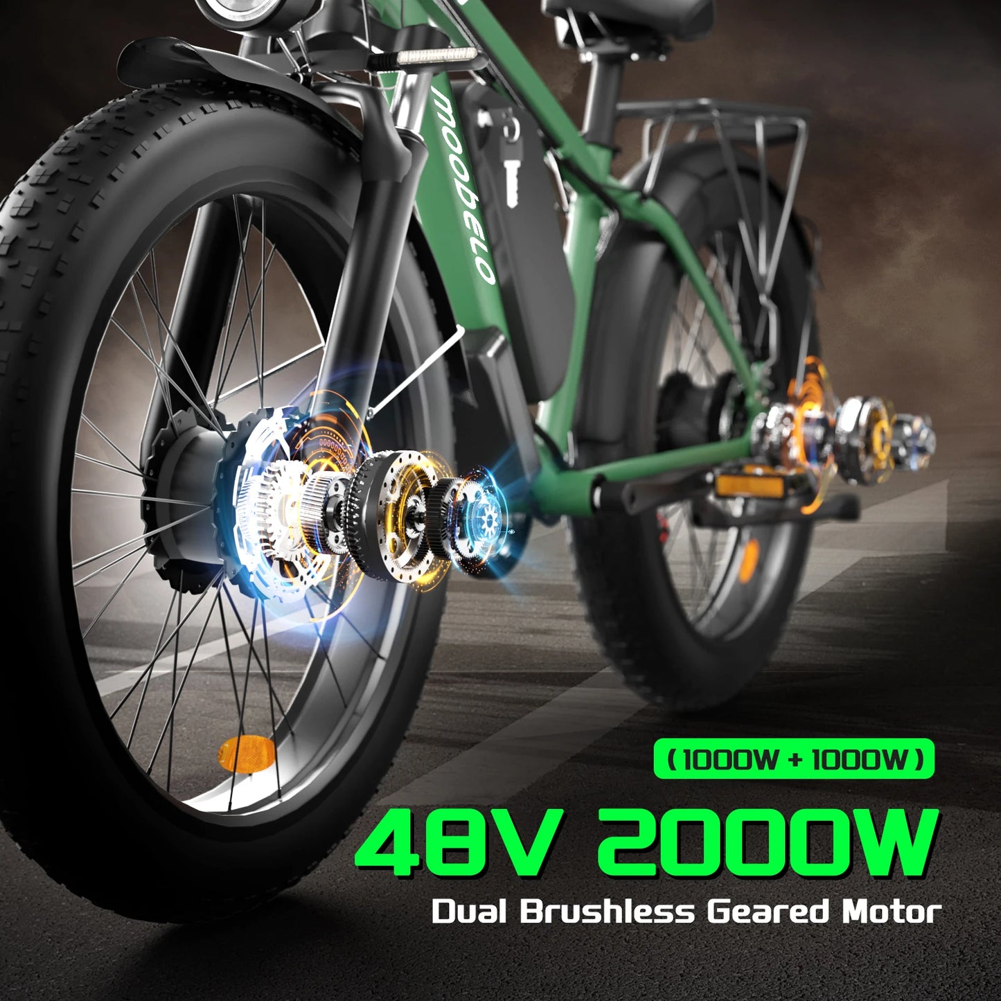 Green electric bike with detailed view of the wheel and motor, featuring text about power specifications.