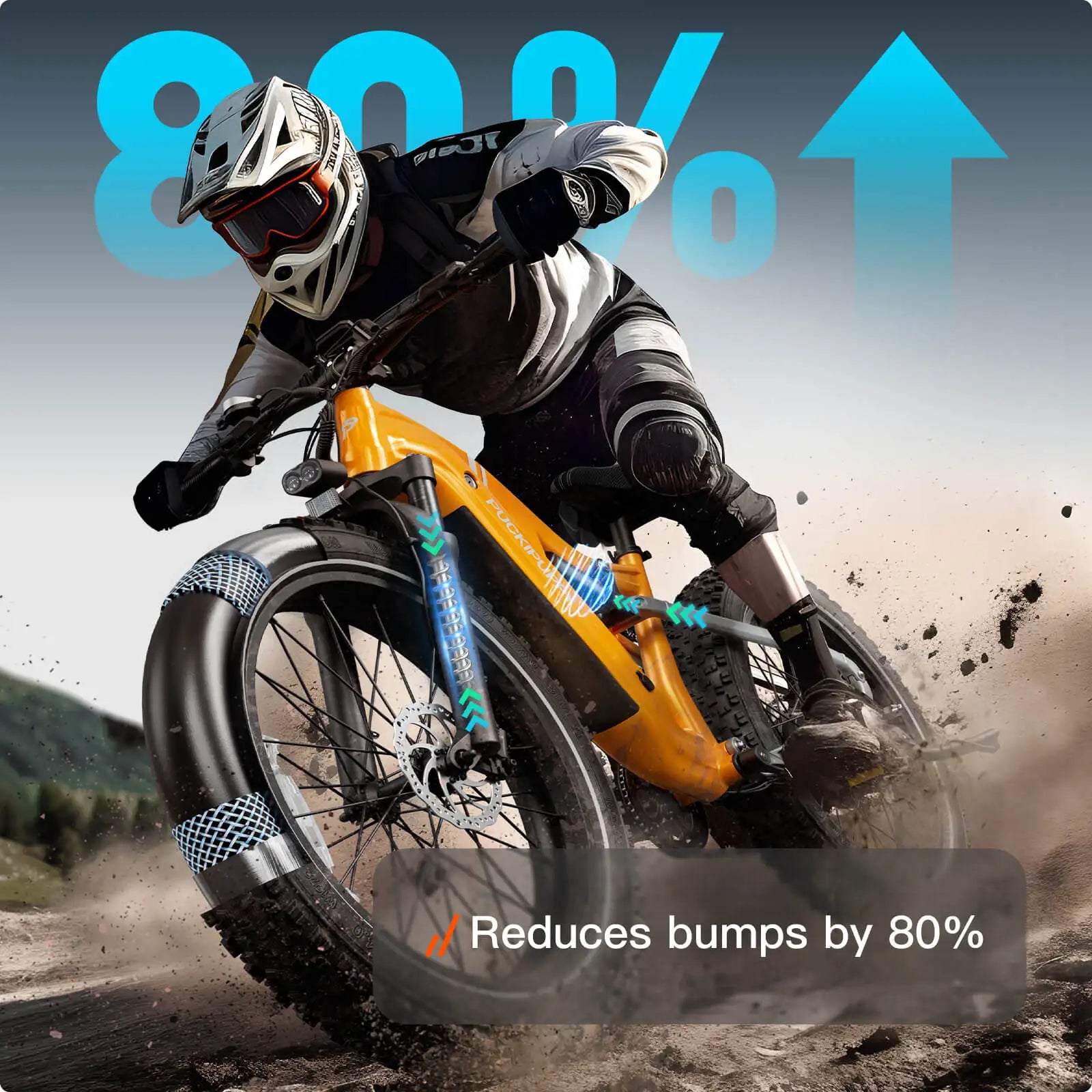 Person riding a mountain bike on a dirt trail with text indicating bump reduction by 80%.