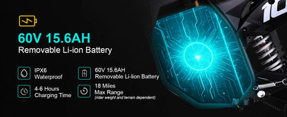 60V 15.6AH removable Li-ion battery with glowing blue design on a dark background
