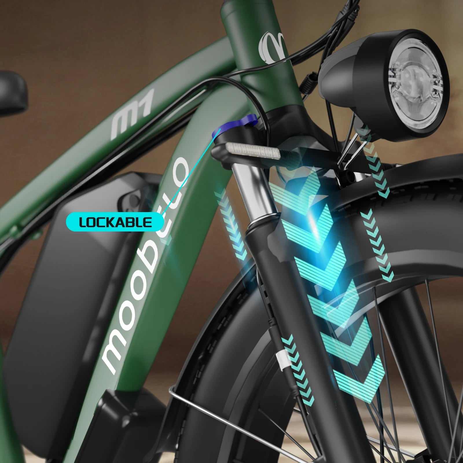 Close-up of a green bicycle with lockable feature highlighted