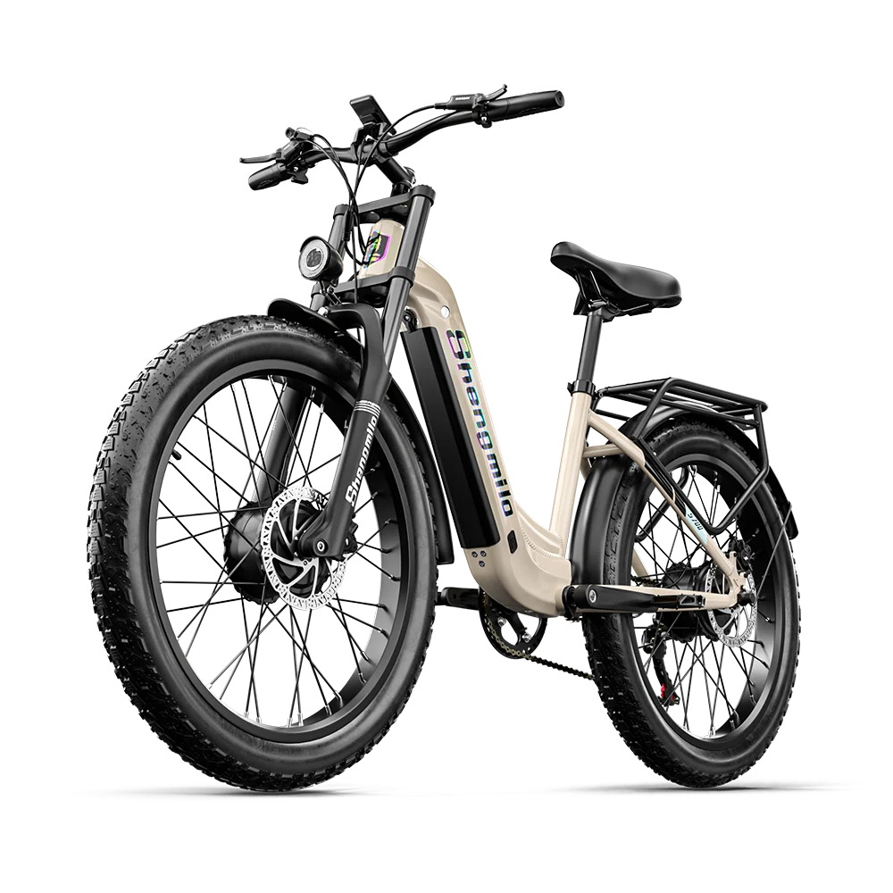 Electric bike with a beige frame and black components on a white background