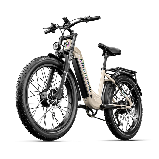 Electric bike with a beige frame and black components on a white background