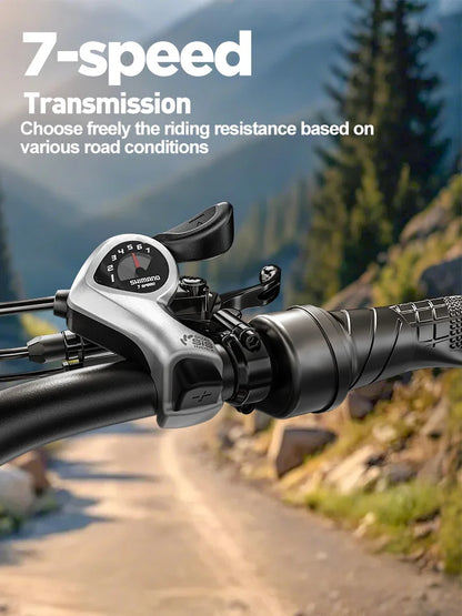 Bicycle handlebar with 7-speed transmission mechanism on a mountain road background