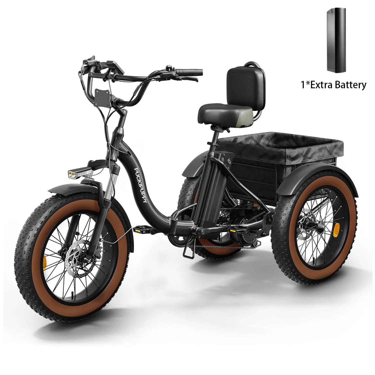 Black electric tricycle with a seat and an extra battery on a white background