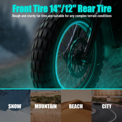 Motorcycle tire with text about tire size and适用terrain conditions, displayed on a dark background.
