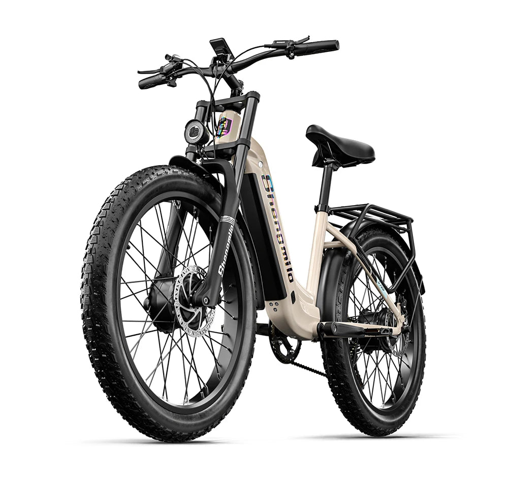 Electric bike with a white frame and black components on a white background