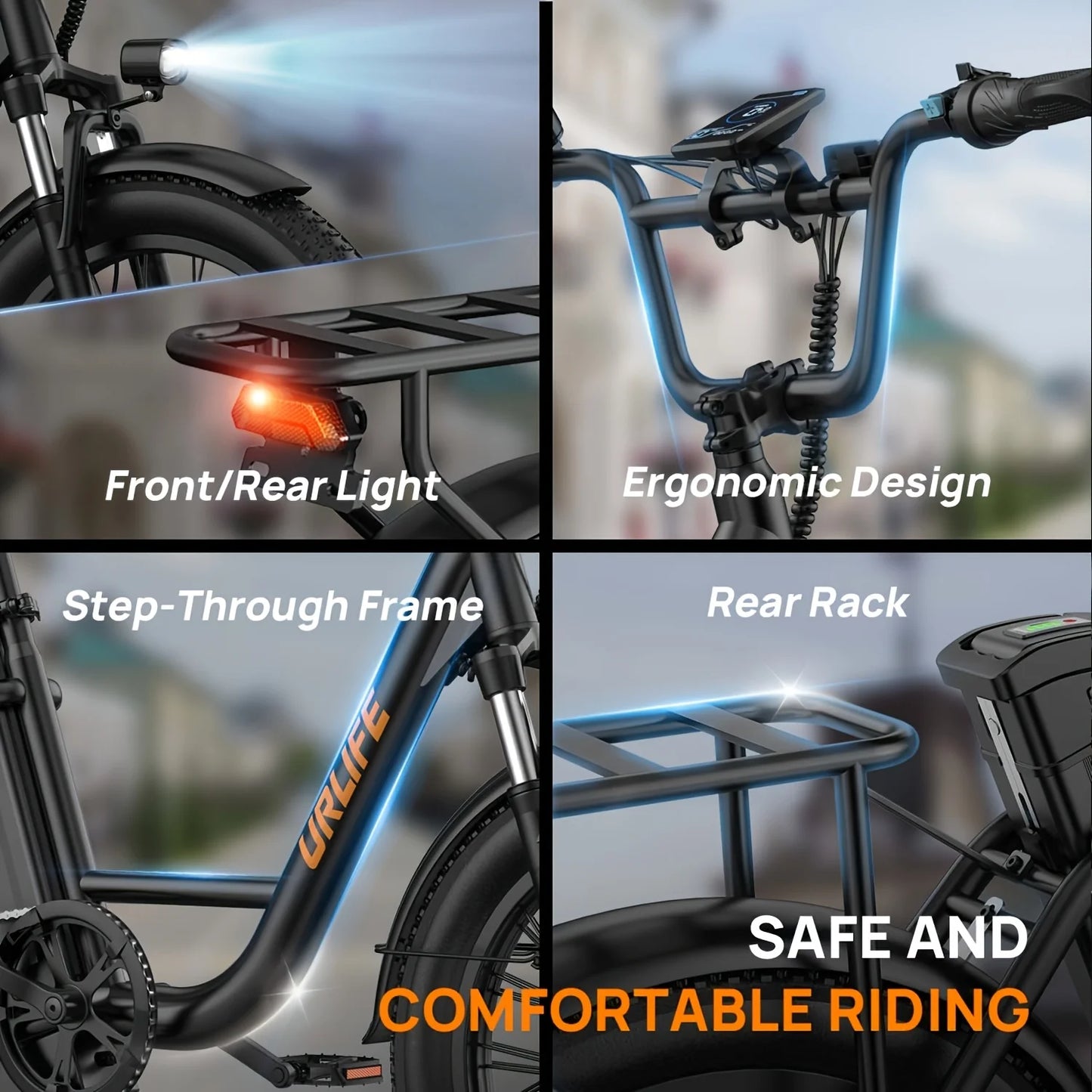 Bicycle features including front/rear light, ergonomic design, step-through frame, and rear rack with text 'Safe and Comfortable Riding'.