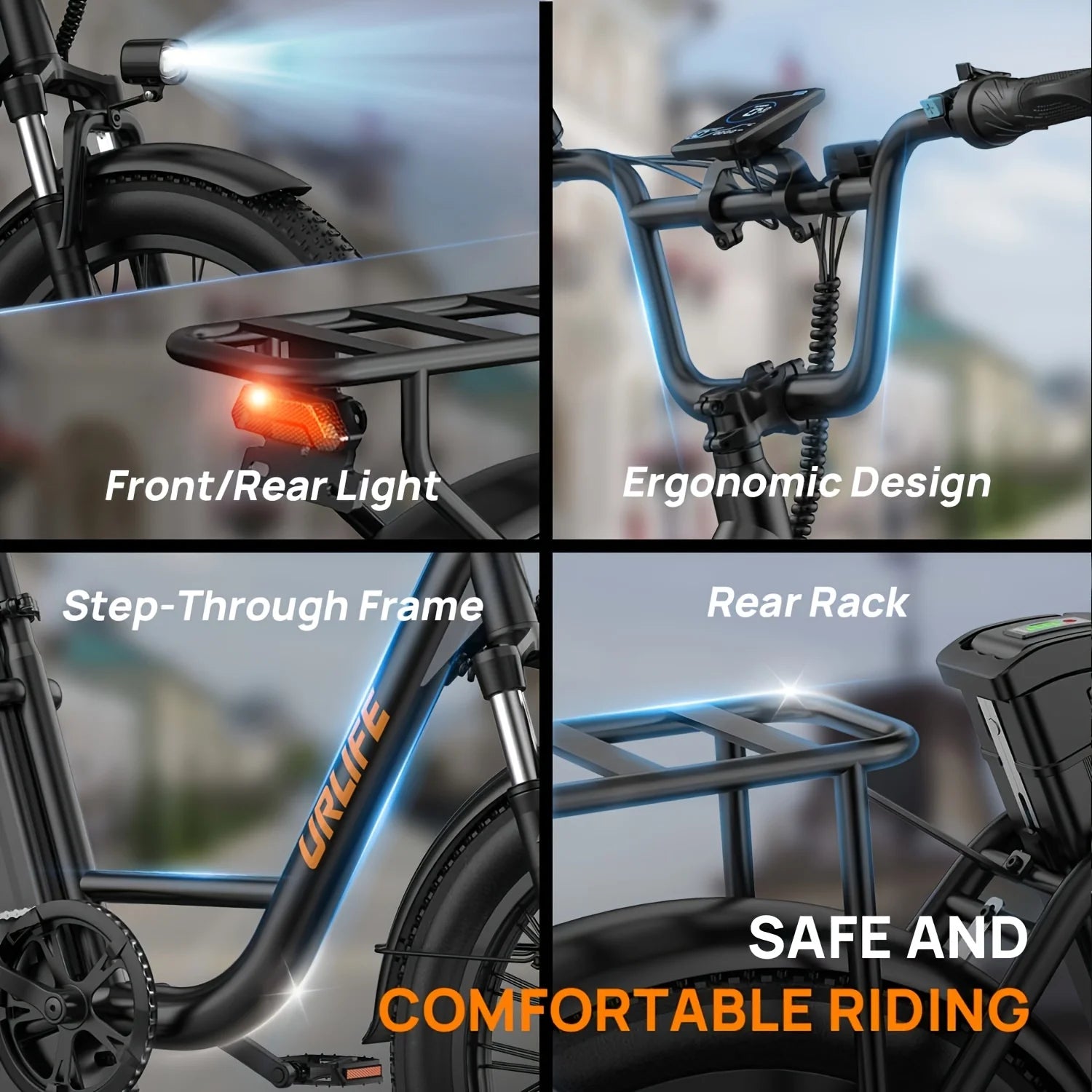 Bicycle features including front/rear light, ergonomic design, step-through frame, and rear rack with text 'Safe and Comfortable Riding'.