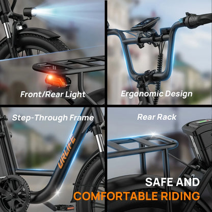 Bicycle features including front/rear light, ergonomic design, step-through frame, and rear rack with text 'Safe and Comfortable Riding'.