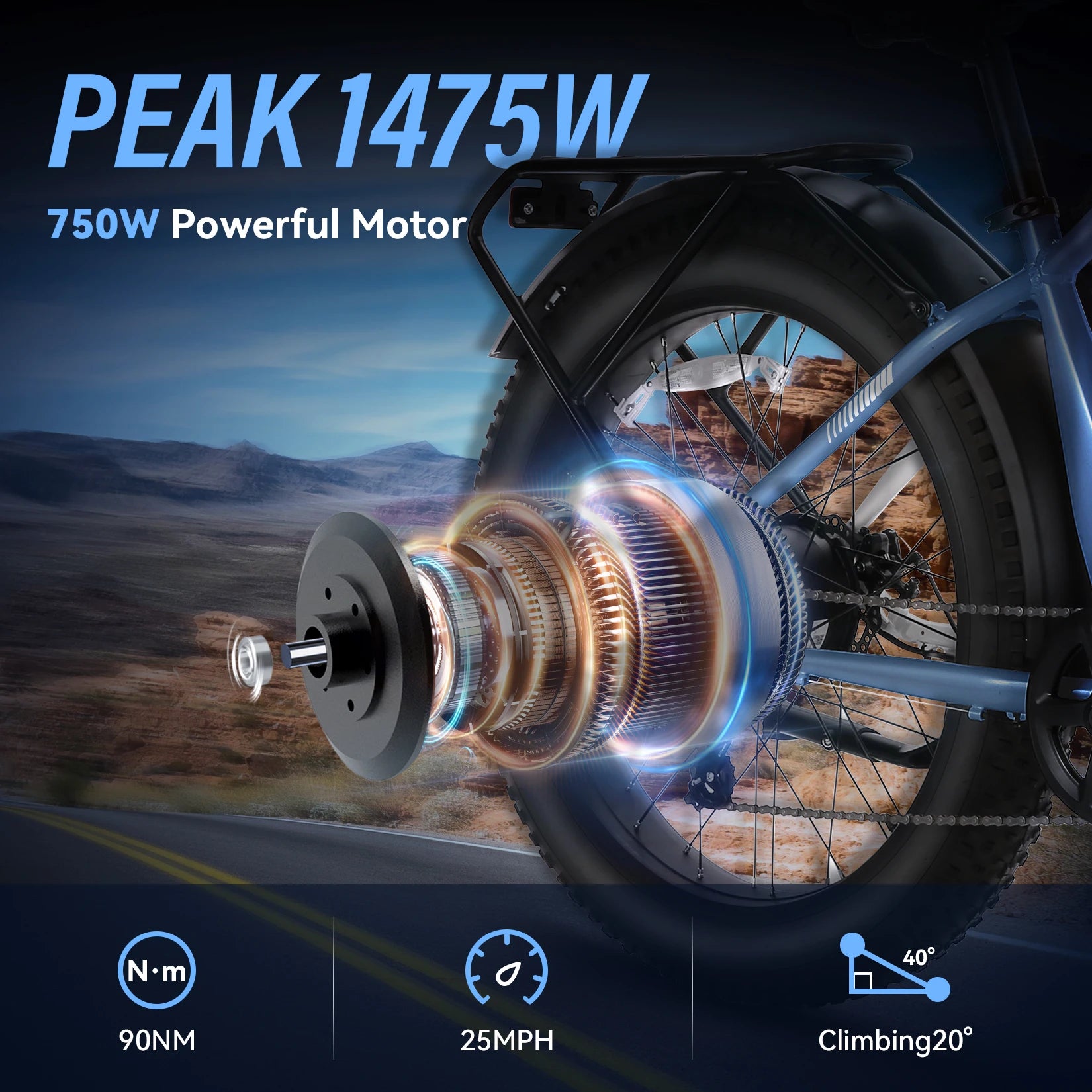 Motorcycle engine with power specifications on a scenic background