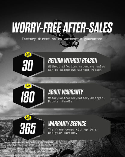 Worry-free after-sales guarantee with return, warranty, and service periods displayed against a mountainous background.