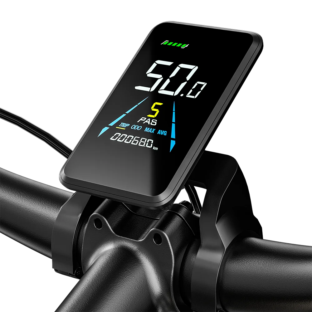 Digital display on a bicycle handlebar with green and white text.