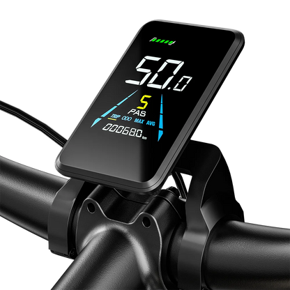 Digital display on a bicycle handlebar with green and white text.