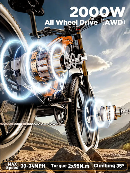 Electric bike with 2000W All Wheel Drive on a mountainous landscape