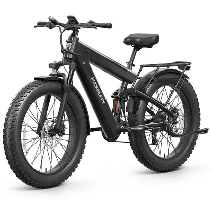 Black electric bike with thick tires on a white background