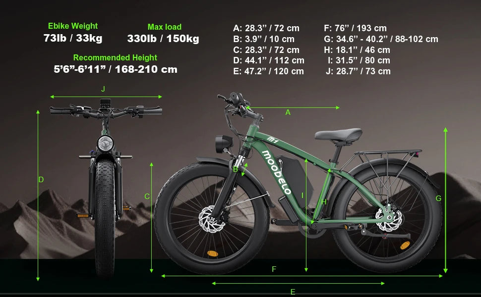 Green electric bike with measurements on a dark background