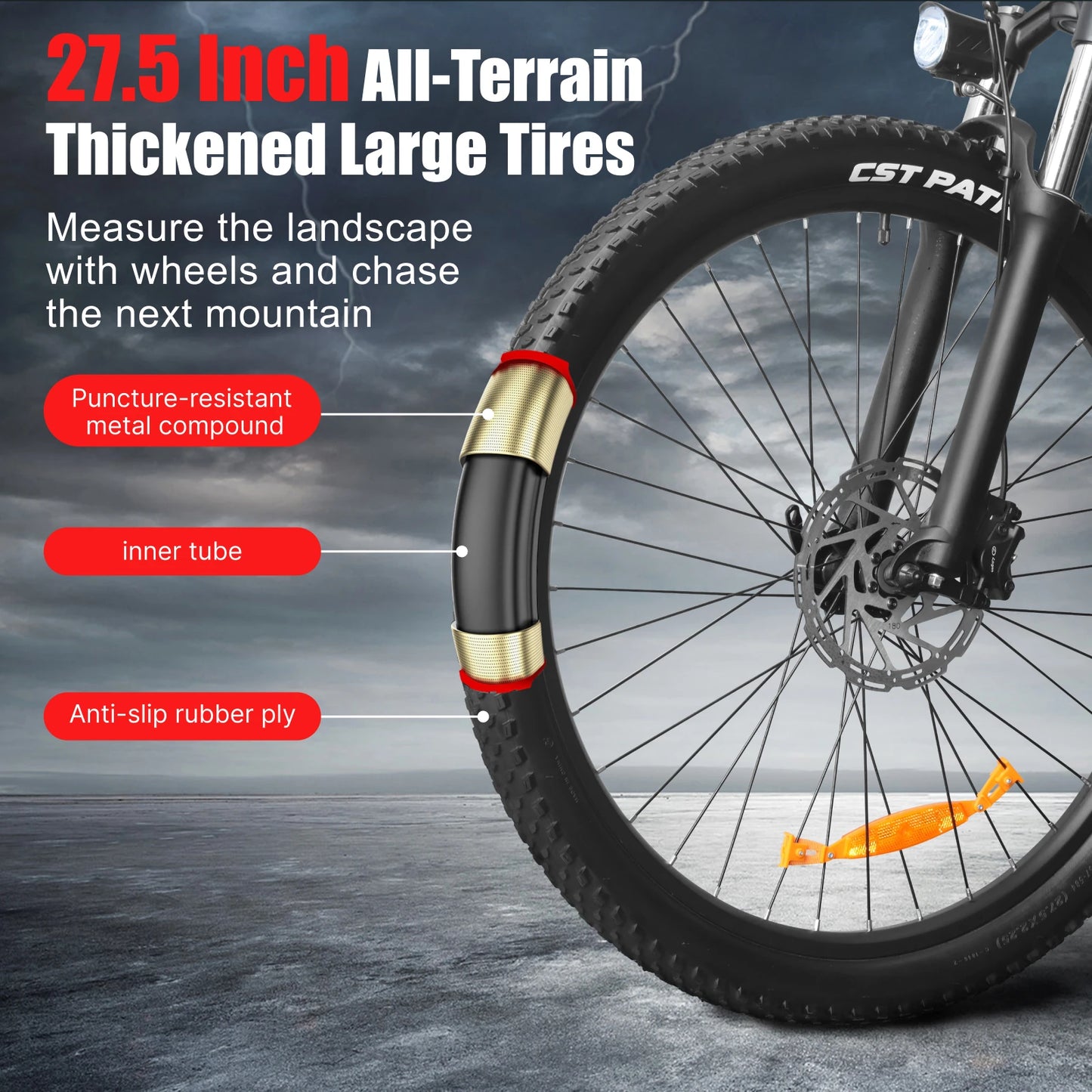 Bicycle tire with text highlighting features on a dark background