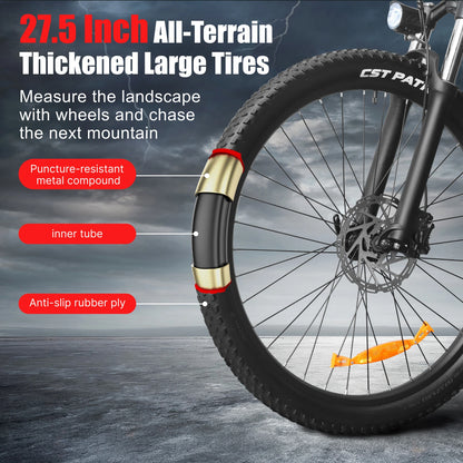 Bicycle tire with text highlighting features on a dark background