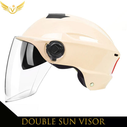 Beige helmet with a double sun visor on a white background