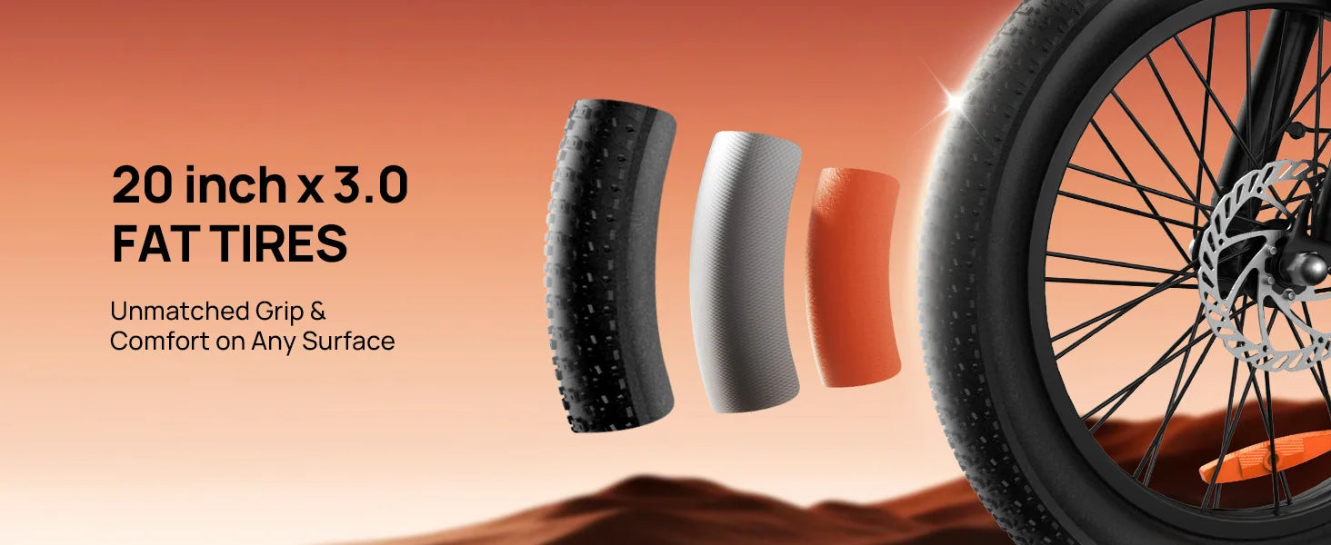 Bicycle tires with '20 inch x 3.0 FAT TIRES' text on a desert landscape background.