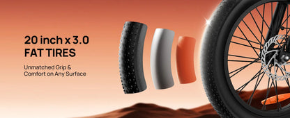 Bicycle tires with '20 inch x 3.0 FAT TIRES' text on a desert landscape background.