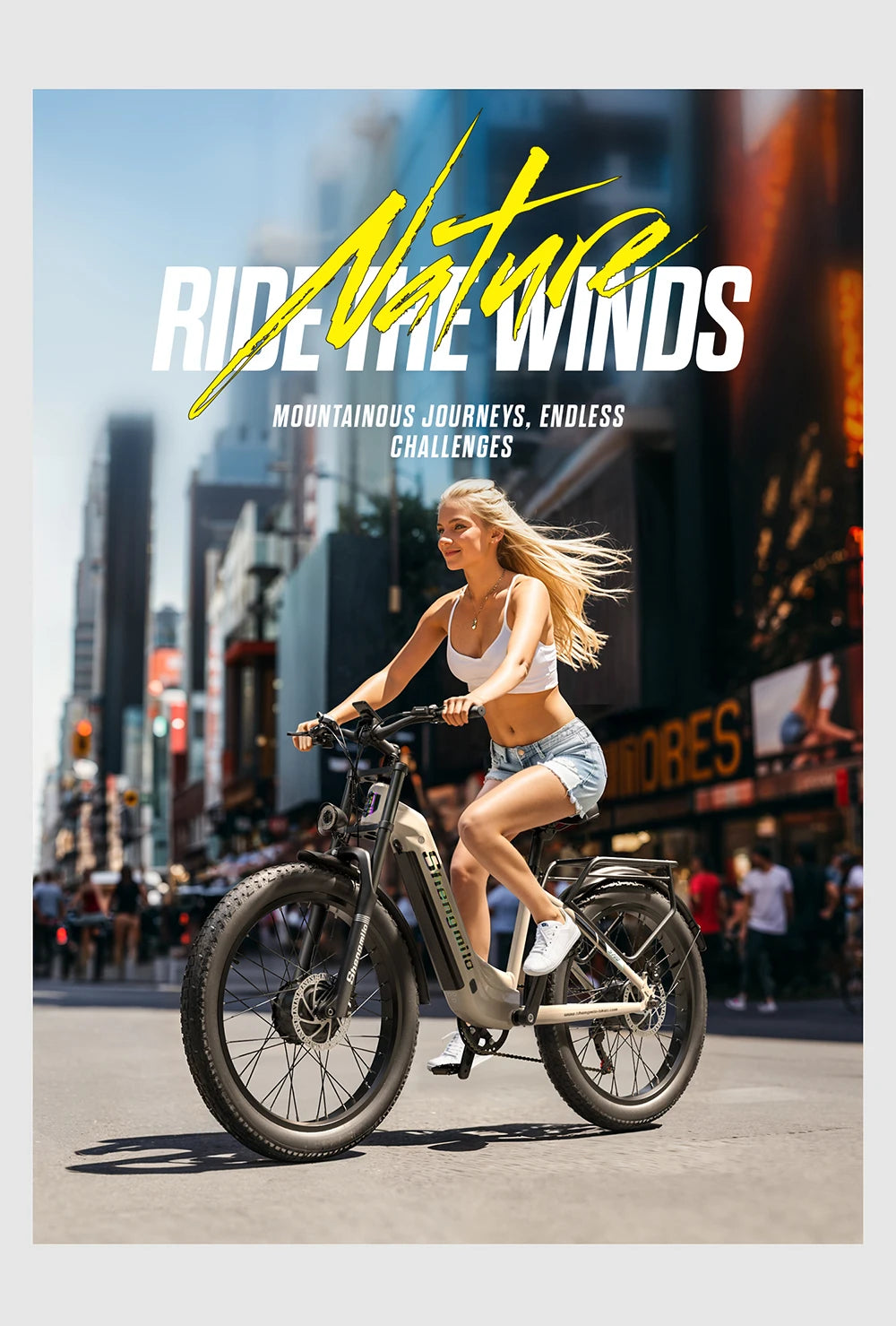 Woman riding a bike in an urban setting with text 'Ride the Winds' and 'Alpina' branding.