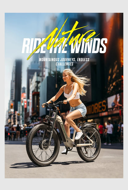 Woman riding a bike in an urban setting with text 'Ride the Winds' and 'Alpina' branding.