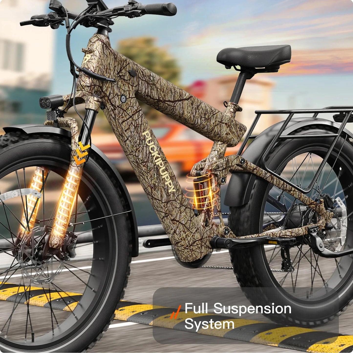 Camouflage-patterned electric bike with 'Himiway' branding on a blurred city street background.
